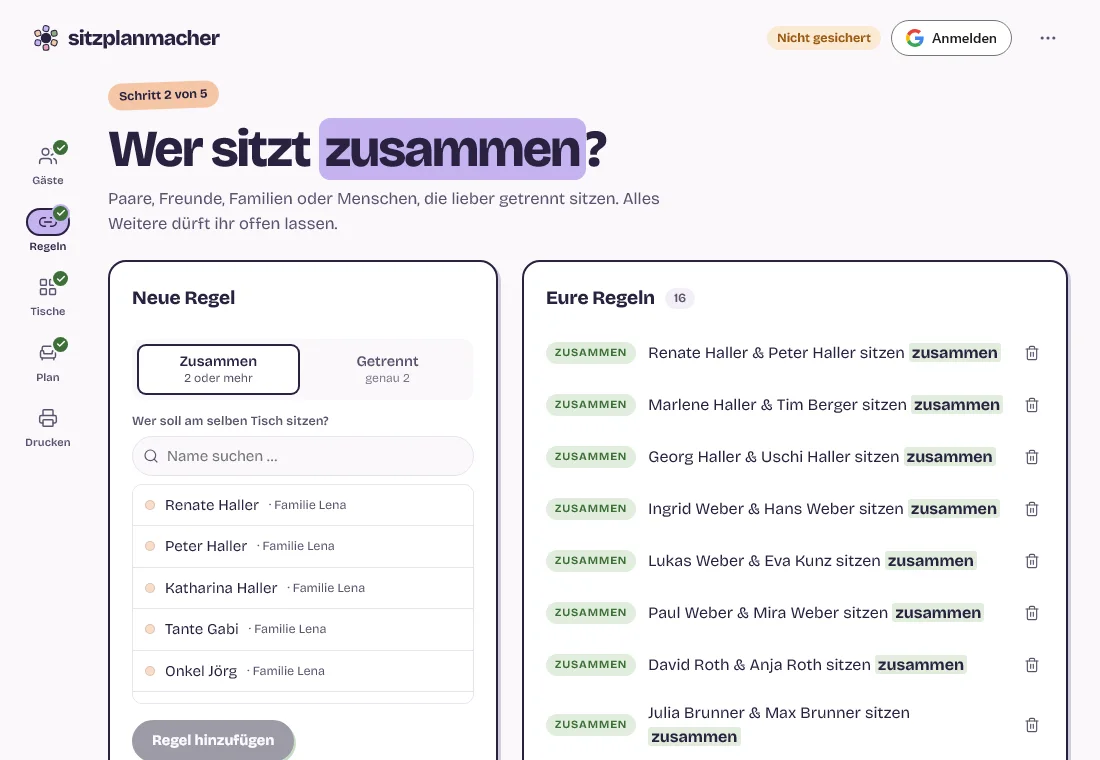 Schritt Regeln: Regeln als Sätze mit den Marken zusammen und getrennt