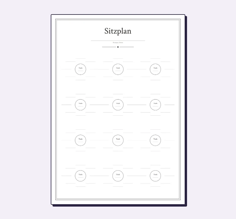 Leeres Sitzplan-Poster im Format A3 mit runden Tischen und Linien für Namen